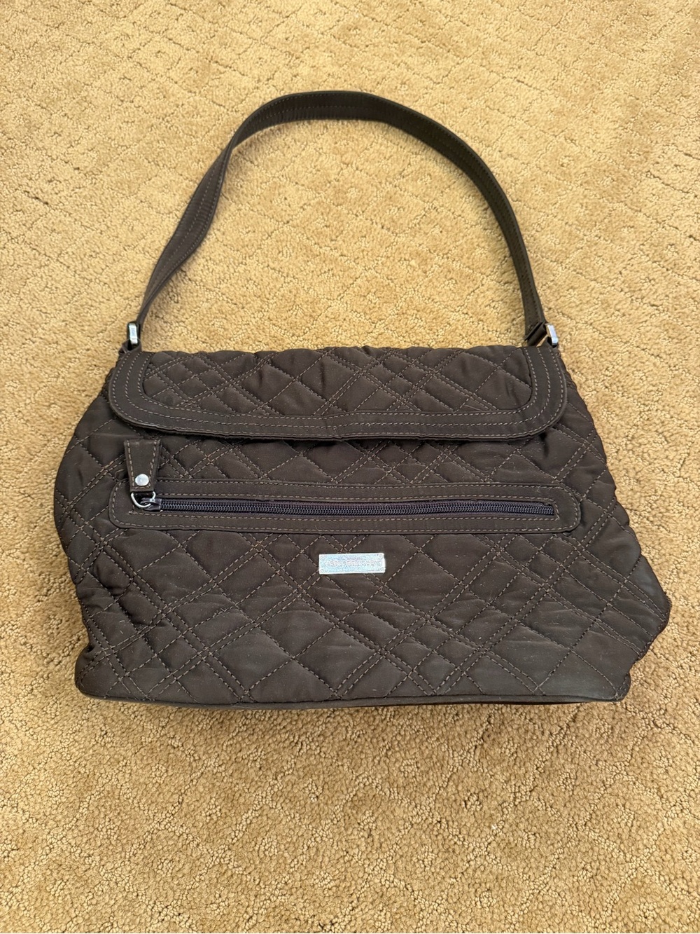 Vera Bradley Brown Quilted Zip Shoulder Bag Zebra Lining Inner Pockets